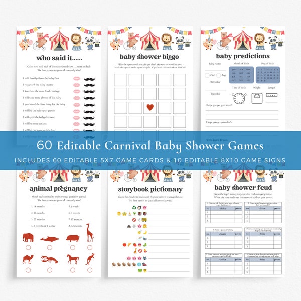 Editable Circus Baby Shower Games, Carnival Baby Shower Games Bundle, Circus Themed Baby Shower, Coed Baby Shower, Virtual Baby Shower Games