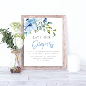 Blue Floral Late Night Diapers, Nighttime Diapers Sign, Diaper Game Poster, Boys Baby Shower, Baby Shower Games
