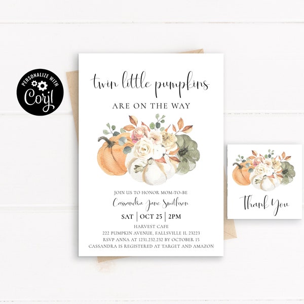 Twins Pumpkin Baby Shower Invitation, Twins Fall Baby Shower Invite, Two Little Pumpkins Shower, Instant Download, Editable Baby Shower