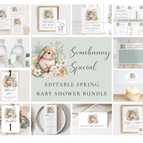 Somebunny Special Baby Shower Bundle, Spring Baby Shower Pack,Eucalyptus Shower Bundle, Woodland Rabbit Baby Shower Set, Virtual Baby Shower