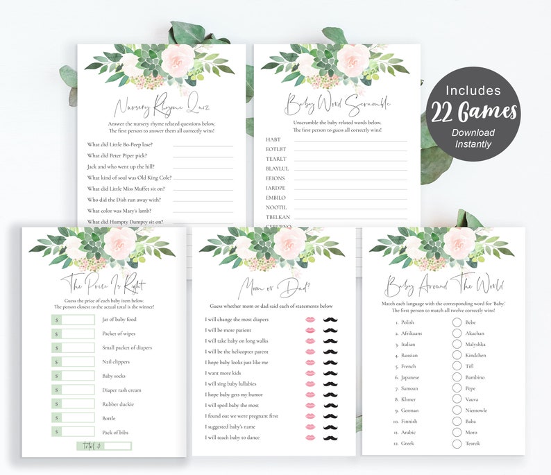 Greenery Baby Shower Games Pack, Succulent Shower Games Bundle, Girls Baby Shower Games, Printable Games, Instant Download, SET221 image 2