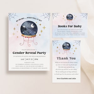 Halloween Gender Reveal Bundle, He Or She Invitation, Gender Reveal Shower Pack, Halloween Baby Shower, Spooky Gender Reveal Bundle, Set266