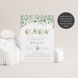 Editable Eucalyptus Baby Shower Invitation, Greenery Baby Shower Invite, Green and Gold Eucalyptus Baby Shower, Virtual Shower Invite, S887