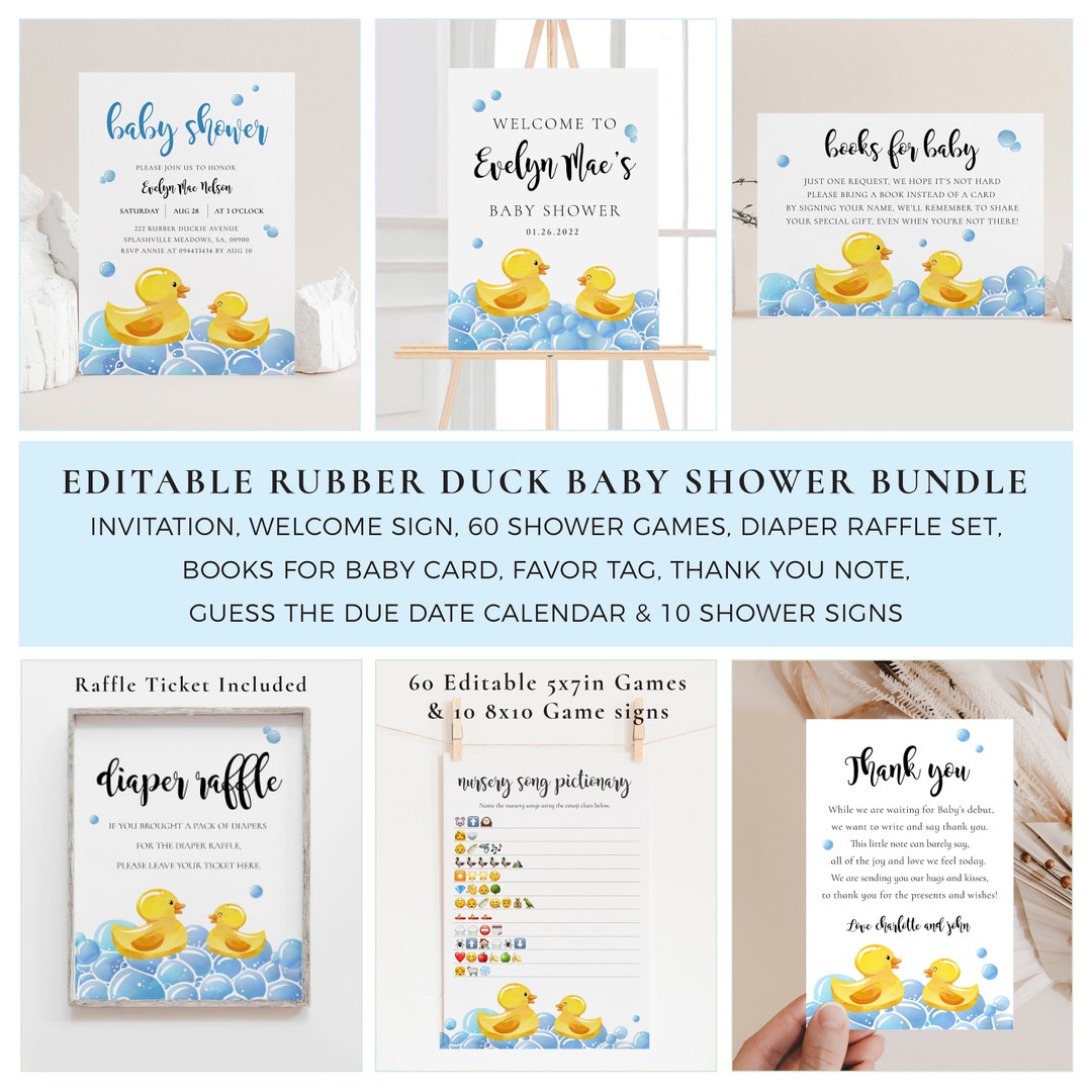 Editable Rubber Duck Baby Shower Bundle, Rubber Ducky Baby Shower Pack
