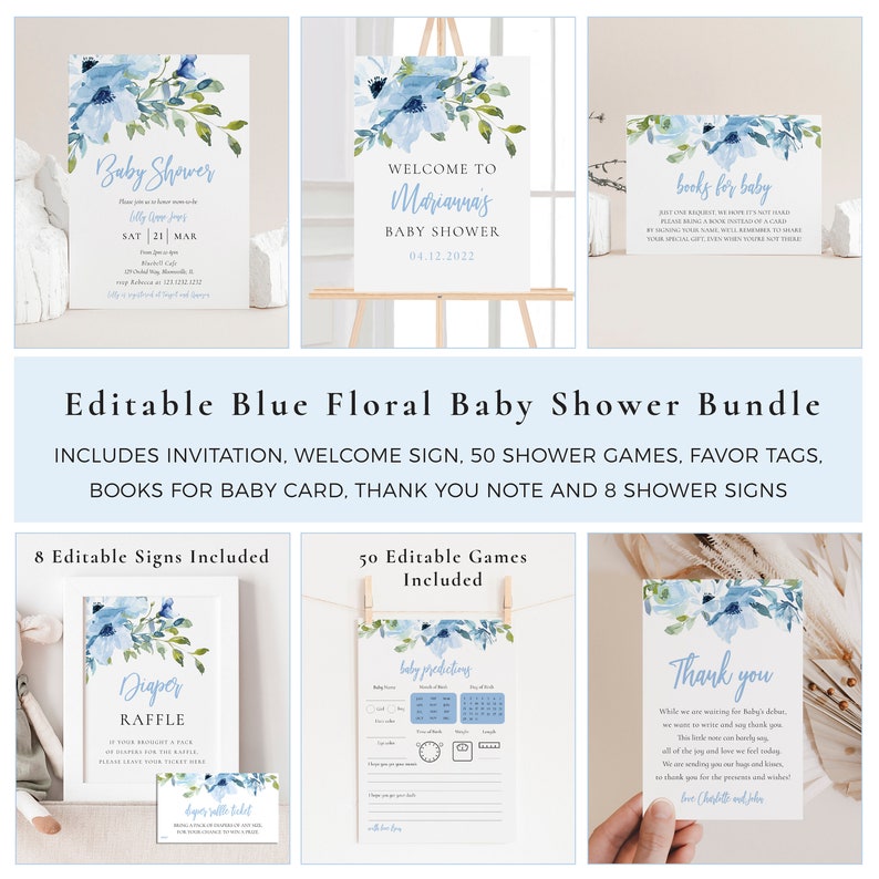 Editable Blue Floral Baby Shower Bundle Boy's Baby Shower Etsy
