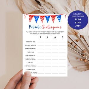 Scattergories imprimibles del 4 de julio, Scattergories patrióticos del 4 de julio, Juegos del Día de la Independencia, Juegos de fiesta del 4 de julio, SET472