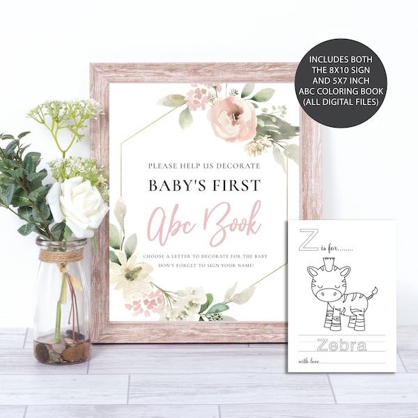 ABC Book Baby Shower, Alphabet Book Baby Shower, ABC Coloring Book, Baby's First ABC Book, Dusty Pink Floral Baby Shower Games