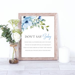 Blue Floral Don't Say Baby Game, Greenery Don't Say Baby Game, Diaper Pin Game, Clothes Peg Game, Boy's Baby Shower, Baby Shower Games, S919