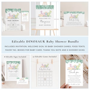 Editable Dinosaur Baby Shower Bundle, Dinosaur Baby Shower Pack, Dinosaur Baby Shower, Boy&#39;s Baby Shower Bundle, Printable Shower Set