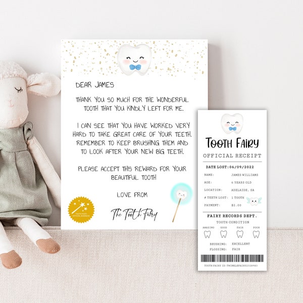 Editable Tooth Fairy Note, Tooth Fairy Letter, Tooth Fairy Receipt, Tooth Fairy Printable, First Tooth Certificate, Boy's Tooth Fairy Note