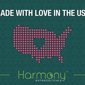 May include: A green background with a pink dotted outline of the United States. The outline has a heart shape in the center. The text "MADE WITH LOVE IN THE USA" is at the top of the image. The text "Harmony NUTRACEUTICALS" is at the bottom of the image.