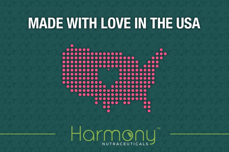 May include: A green background with a pink dotted outline of the United States. The outline has a heart shape in the center. The text "MADE WITH LOVE IN THE USA" is at the top of the image. The text "Harmony NUTRACEUTICALS" is at the bottom of the image.