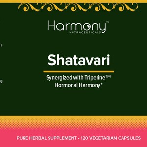 May include: A green and yellow label for Shatavari, a herbal supplement by Harmony Nutraceuticals. The label features the product name, a description of the ingredients, and a supplement facts panel. The label also includes the text "Synergized with Triperine&trade; Hormonal Harmony" and "Pure Herbal Supplement - 120 Vegetarian Capsules".