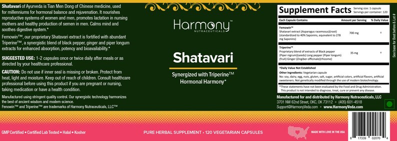 May include: A green and yellow label for Shatavari, a herbal supplement by Harmony Nutraceuticals. The label features the product name, a description of the ingredients, and a supplement facts panel. The label also includes the text "Synergized with Triperine&trade; Hormonal Harmony" and "Pure Herbal Supplement - 120 Vegetarian Capsules".