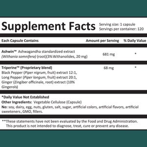 K&ouml;nnte beinhalten: Supplement Facts-Etikett mit wei&szlig;em Hintergrund und schwarzem Text. Das Etikett listet die Inhaltsstoffe und die Menge pro Portion von Ashwin&trade; Ashwagandha-Standardextrakt und Triperine&trade; (Eigene Mischung) auf. Das Etikett enth&auml;lt auch einen Haftungsausschluss, der besagt, dass die Aussagen nicht von der Food and Drug Administration bewertet wurden.
