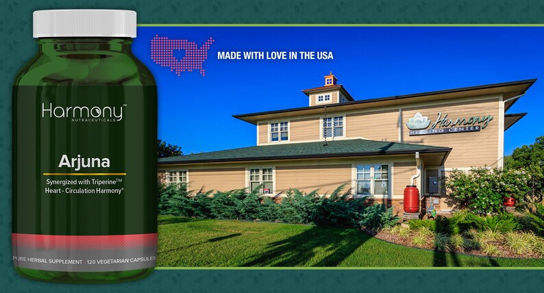 May include: A green bottle of Harmony Arjuna herbal supplement with a white label and the text "Harmony Nutraceuticals Arjuna Synergized with Triperine&trade; Heart-Circulation Harmony&trade; Pure Herbal Supplement 120 Vegetarian Capsules". The bottle is in front of a building with a sign that reads "Harmony Healing Center".