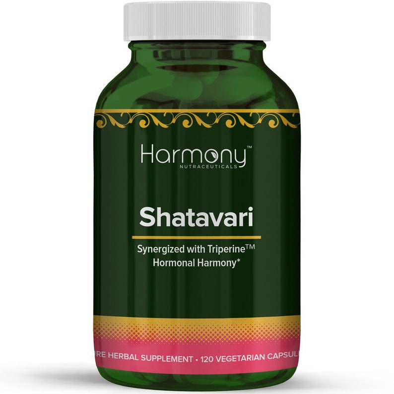 May include: A green bottle with a white lid labeled "Harmony Nutraceuticals Shatavari Synergized with Triperine&trade; Hormonal Harmony*" and "120 Vegetarian Capsules".