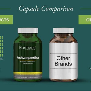 K&ouml;nnte beinhalten: Ein Vergleichsdiagramm von zwei verschiedenen Marken von Ashwagandha-Nahrungserg&auml;nzungsmitteln. Die Marke Harmony enth&auml;lt 120 Kapseln mit jeweils 750 mg und keine F&uuml;llstoffe. Die andere Marke enth&auml;lt 90 Kapseln mit jeweils 400 mg oder weniger und enth&auml;lt F&uuml;llstoffe. Die Harmony-Flasche ist gr&uuml;n mit einem wei&szlig;en Etikett, w&auml;hrend die andere Flasche braun mit einem wei&szlig;en Etikett ist.