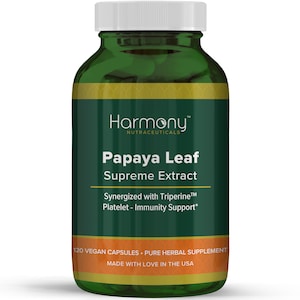 May include: A green bottle with a white lid labeled "Harmony Nutraceuticals Papaya Leaf Supreme Extract Synergized with Triperine™ Platelet - Immunity Support* 120 Vegan Capsules. Pure Herbal Supplement Made with Love in the USA"