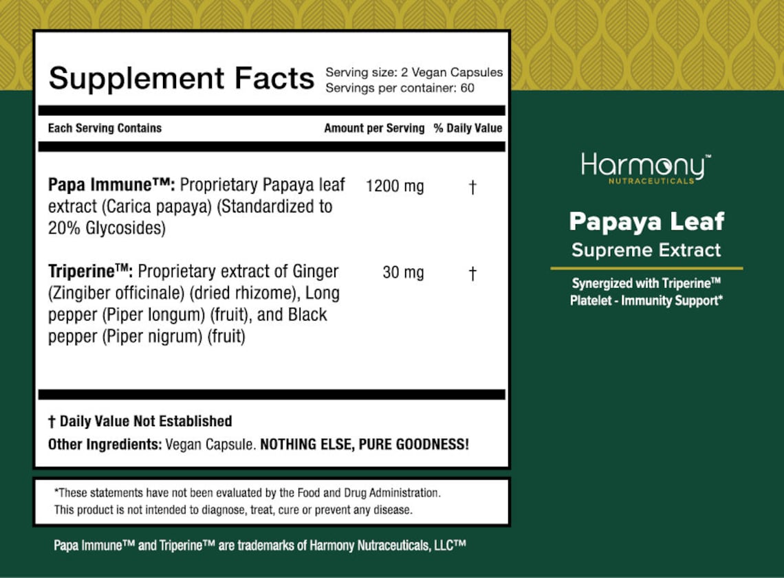 Papaya Leaf Supreme Extract Platelet Immunity Support Harmony Nutraceuticals Pure Herbal