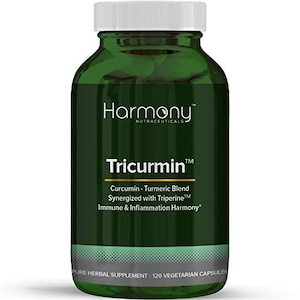 May include: A green bottle with a white label that reads "Harmony Nutraceuticals Tricurmin™ Curcumin - Turmeric Blend Synergized with Triperine™ Immune & Inflammation Harmony* Pure Herbal Supplement 120 Vegetarian Capsules"