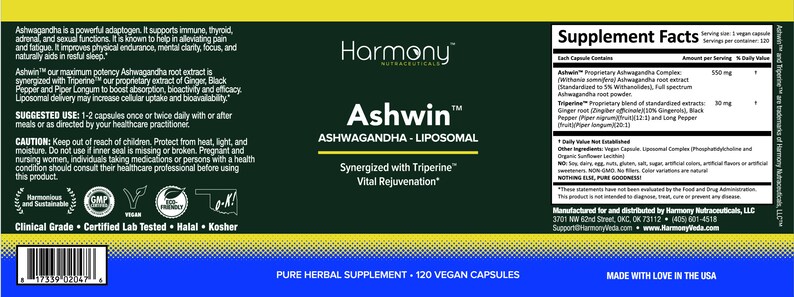 K&ouml;nnte beinhalten: Gr&uuml;nes und gelbes Etikett f&uuml;r Ashwin Ashwagandha-Liposomal Nahrungserg&auml;nzungsmittelkapseln. Das Etikett zeigt den Produktnamen, eine Beschreibung der Inhaltsstoffe und eine N&auml;hrwerttabelle. Das Etikett enth&auml;lt auch das Logo von Harmony Nutraceuticals und die Website-Adresse.