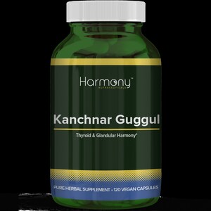 May include: A green bottle with a white lid labeled "Harmony Nutraceuticals Kanchnar Guggul Thyroid & Glandular Harmony* Pure Herbal Supplement. 120 Vegan Capsules"