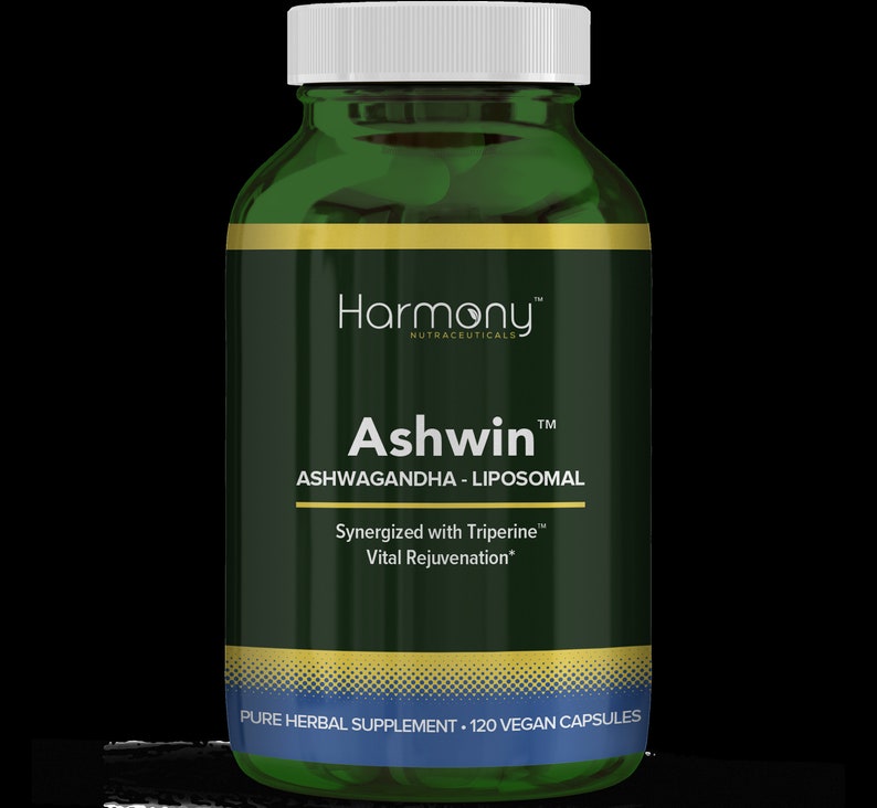 K&ouml;nnte beinhalten: Eine gr&uuml;ne Flasche mit einem wei&szlig;en Deckel mit der Aufschrift "Harmony Nutraceuticals Ashwin&trade; Ashwagandha - Liposomal Synergized with Triperine&trade; Vital Rejuvenation* Pure Herbal Supplement - 120 Vegan Capsules"