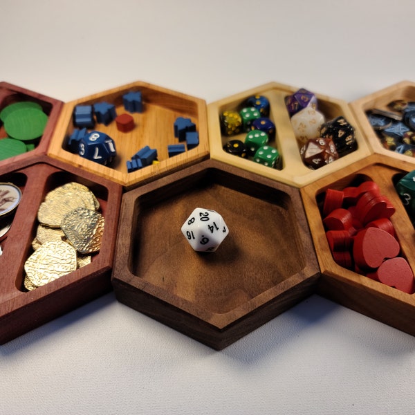 Hexagon Component Tray • Dice Tray • Board Games • Tabletop game • Solid wood • USA Hand made • Dice, Tokens, Coins Organizers