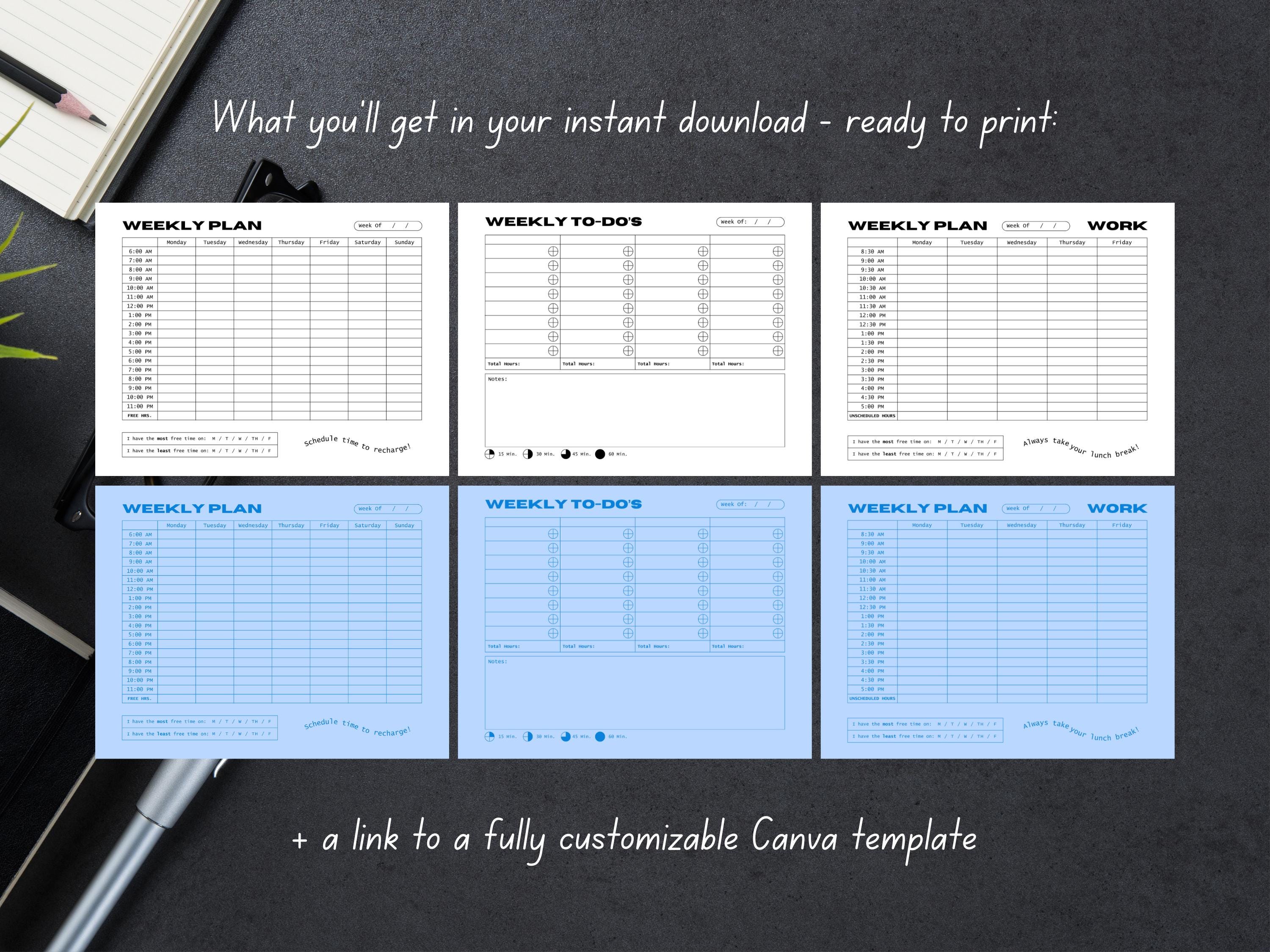 Time Based Weekly Planner Canva Template, Half Hour Intervals, 30 ...