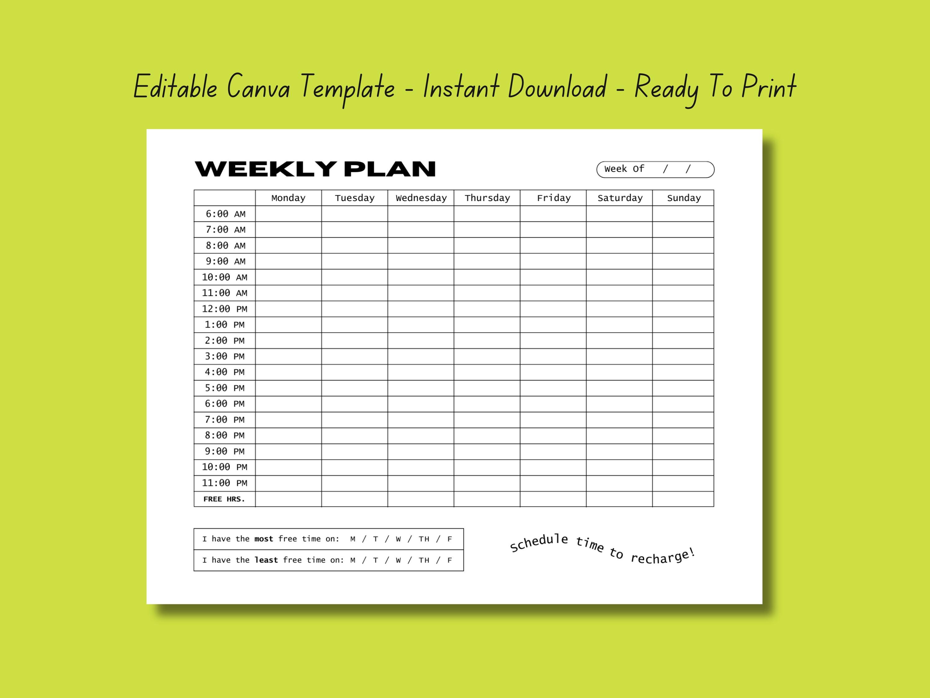Time Based Weekly Planner Canva Template, Half Hour Intervals, 30 ...