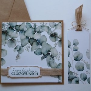 Neutrale Glückwunschkarte mit passendem Geschenkanhänger * Eukalyptus * Geburtstag * Hochzeit * Konfirmation * Kommunion * XL