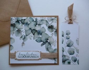Neutrale Glückwunschkarte mit passendem Geschenkanhänger * Eukalyptus * Geburtstag * Hochzeit * Konfirmation * Kommunion * XL