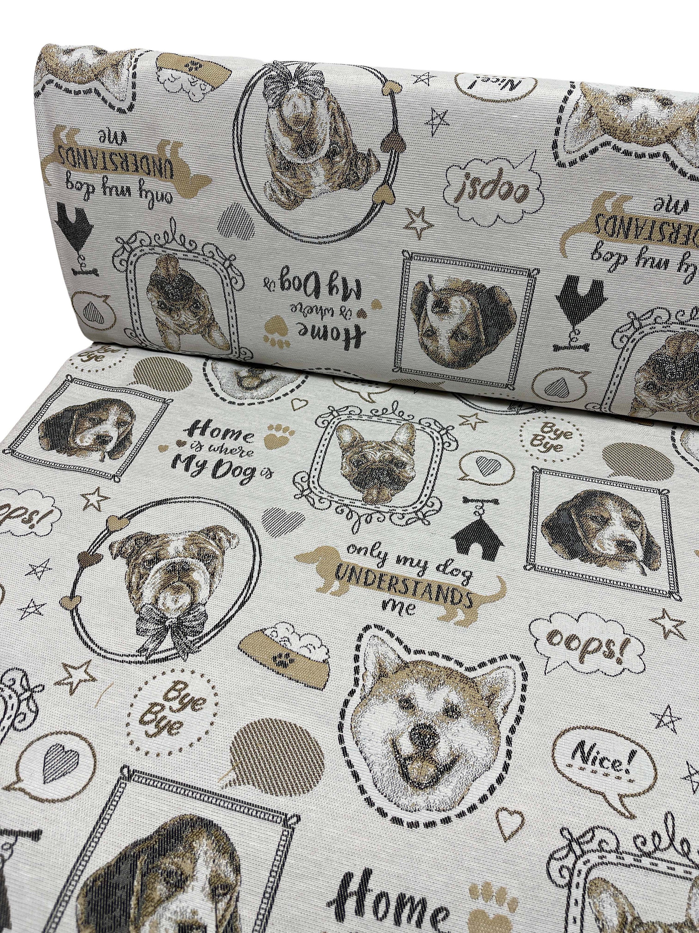 Jacquard decorative fabric with dog heads – natural brown black – 21.40 Euro/meter – robust – 142 cm wide – for home accessories & bags