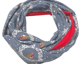 Landhuis Handmade - Loop Scarf Red Gray Flowers Cotton Neckerchief for Men & Women Tube Scarf Autumn Winter Women Men