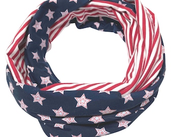 Landhuis Handmade Loop Schal Blau Rot Weiß Stars Stripes USA Baumwolle Halstuch Damen & Herren Schlauch-Schal Herbst Winter Frauen Männer