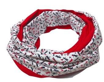 Landhuis Handmade - Loop Scarf White Red Dragonfly Pattern Cotton Neck Scarf for Women & Men Tube Scarf Autumn Winter Women Men