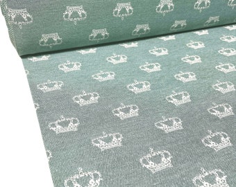 Fabric sold by the meter - decorative fabric in green with crowns, 19.20 euros/meter, green off-white, denim fabric