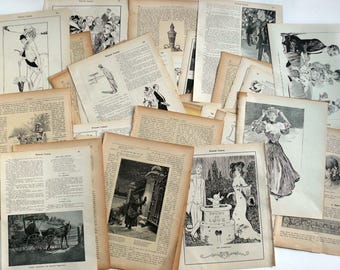 1890-1920s 40 EPHEMERA Sheets 40 Book Pages Paper Art Junk + Mixed Media Journal Scrapbook Decorations Crafts Vintage PAPER 1890-1920s