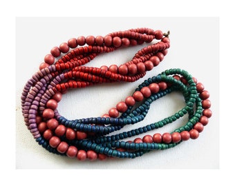 4 rows WOODEN CHAIN approx. 60 cm small + large pearl rows warm smoke blue red brown leaf green tones