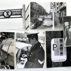 6 FOTOS DE IMPRENSA 1950/60 NOVO na floresta de tráfego de Hamburgo+Düseldorf Proibido estacionar Carros Estacionamento na calçada Placas Carrinhos de bebê Permissão de estacionamento