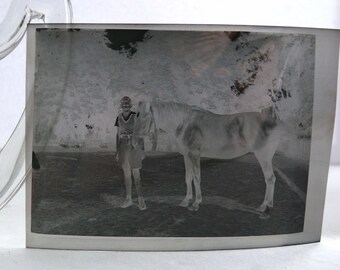 Negative photo of boy + horse on holiday in the country in the 1930s