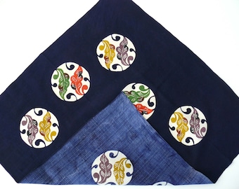 Lin fin 60x60 bleu foncé + cercles de feuilles couverture décorative tissu décoratif intéressant spécial PRINT du millésime 1970/80
