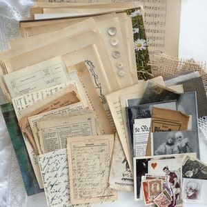 Vintage BRUINE EPHEMERA SET zeldzaamheden boekpagina's muziekbladen foto's ansichtkaarten JunkJournal MixedMedia collage papier kunst ambachten 1890/1980