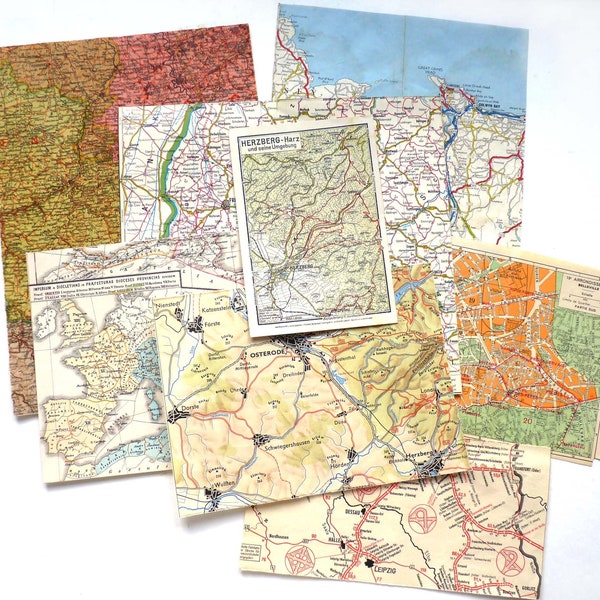 15 Pieces ATLASpages Maps City Maps Vintage Paper from Old Maps/Atlases 1920-1970 JungJournal Origami Scrapbook Craft