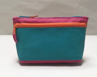 Cosmetic bag pink turquoise orange genuine leather