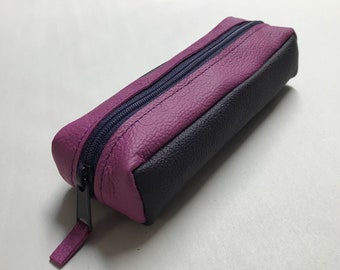 Pencil case purple violet genuine leather