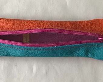 Pencil case mini orange pink turquoise real leather