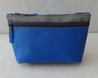 Cosmetic bag with zip compartment blue/grey genuine leather