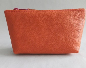 Cosmetic bag small orange turquoise pink genuine cowhide